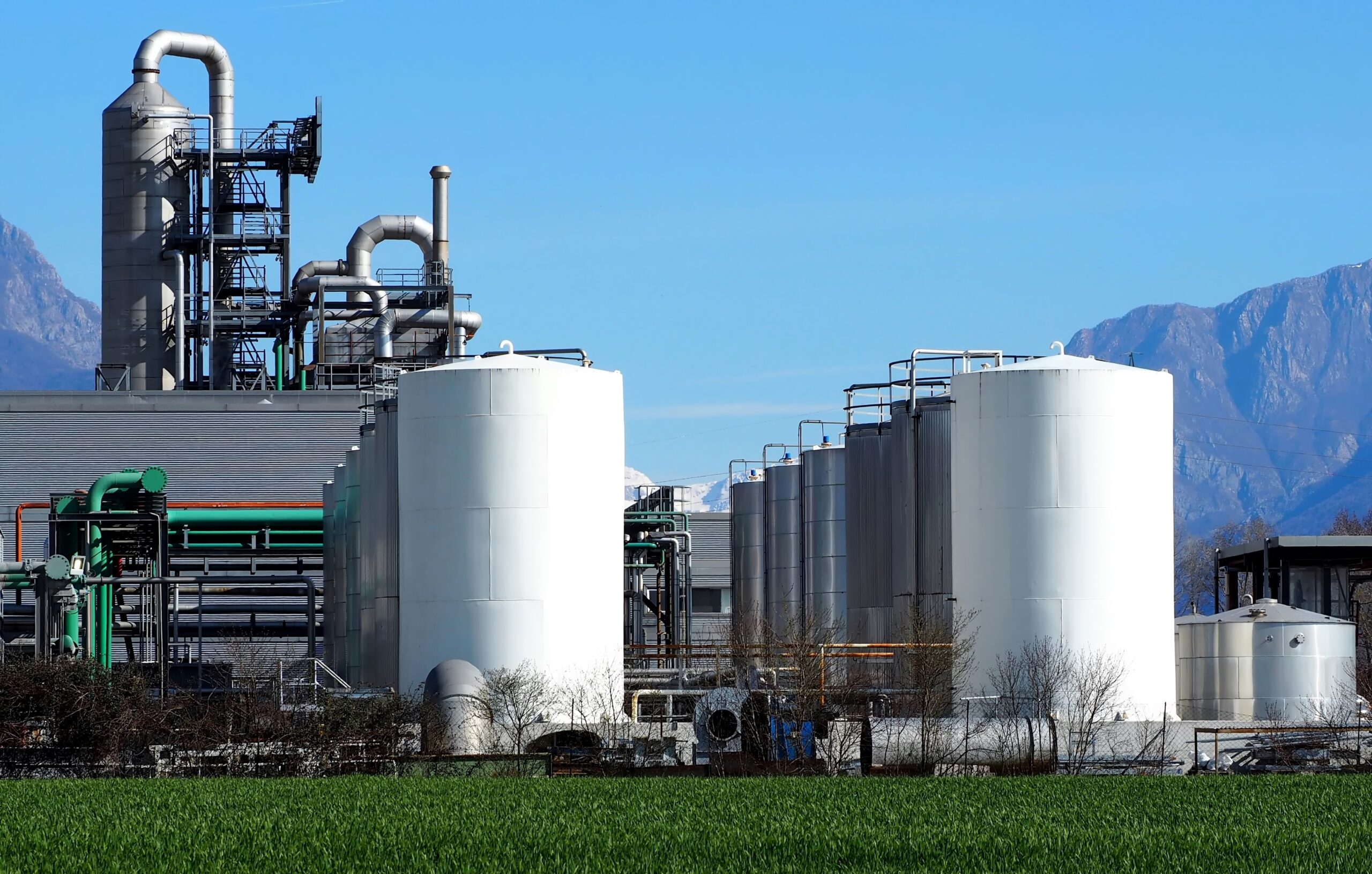 Biochemical industry plant with rows of silos in front